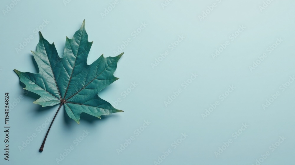 Single teal leaf on light blue background, simple nature scene, copy space for text Single teal leaf on light blue background, simple nature scene, copy space for text