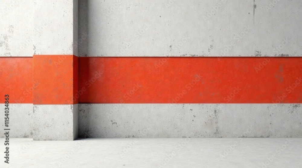 Fototapeta premium Abstract Architectural Composition Featuring a Striking Horizontal Band of Vivid Orange Accenting a Neutral Concrete Wall and Floor