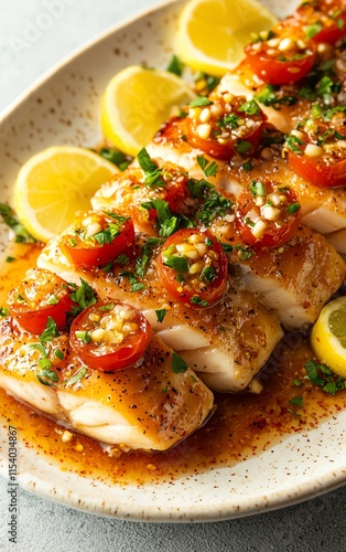 Delicious grilled fish with tomatoes and lemon garnish on a plate. photo