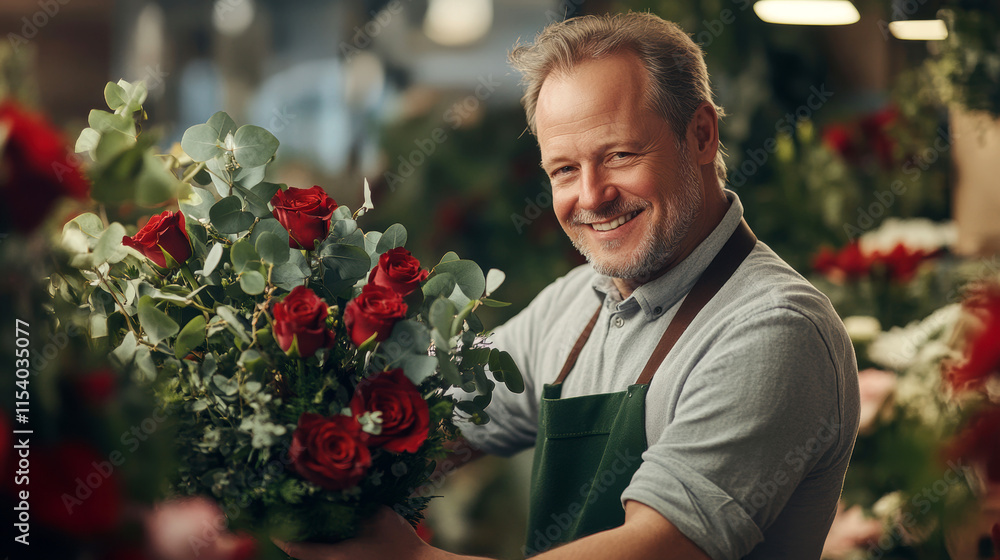 Smiling florist holding beautiful red rose bouquet in blooming flower shop Smiling florist holding beautiful red rose bouquet in blooming flower shop