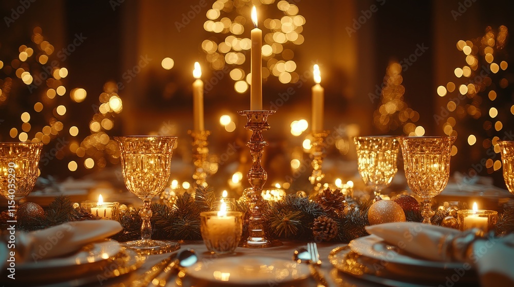 Elegant holiday dining setup with festive decorations Elegant holiday dining setup with festive decorations