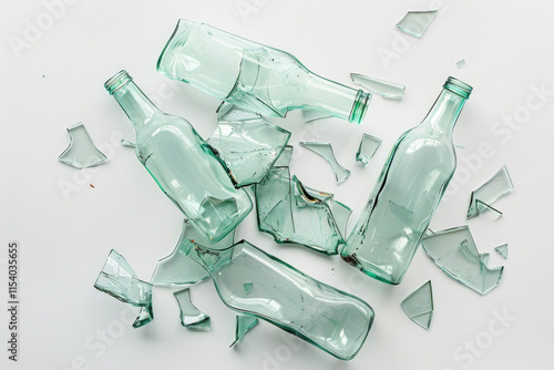 Shattered Glass Bottles on White Background Creating Abstract Pattern with Broken Pieces and Reflections