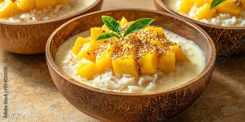 Delicious mango dessert served in wooden bowls with sesame seeds and mint leaves. photo