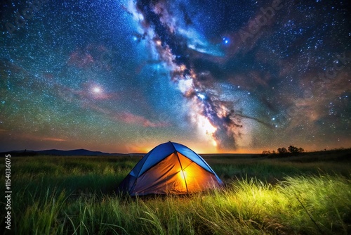 Macro shot: starry night, tent, field.