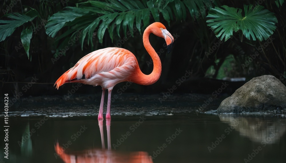 Fototapeta premium Bright pink flamingo reflected in tranquil water, framed by tropical leaves and a rocky backdrop, embodying elegance and tranquility in the wild