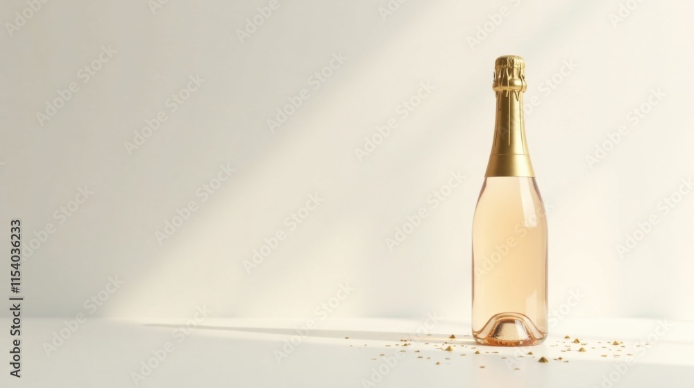 A single bottle of sparkling ros? wine rests on a pristine white surface, adorned with scattered golden confetti, bathed in soft, natural light. A single bottle of sparkling ros? wine rests on a pristine white surface, adorned with scattered golden confetti, bathed in soft, natural light.