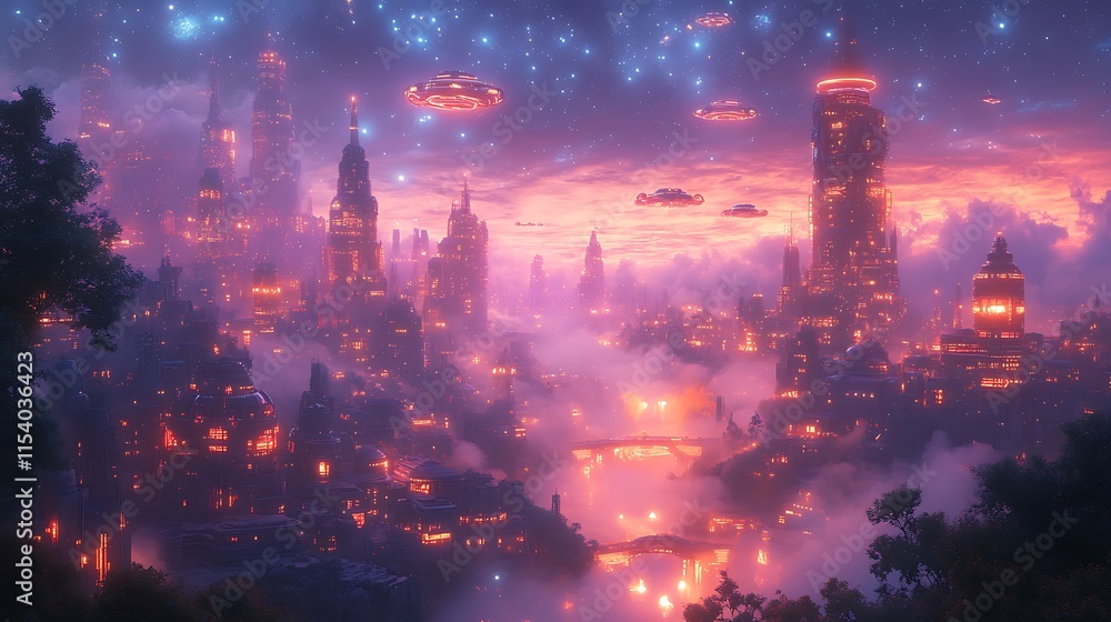 Fototapeta premium Futuristic Cityscape Illuminated at Twilight with Flying Ships