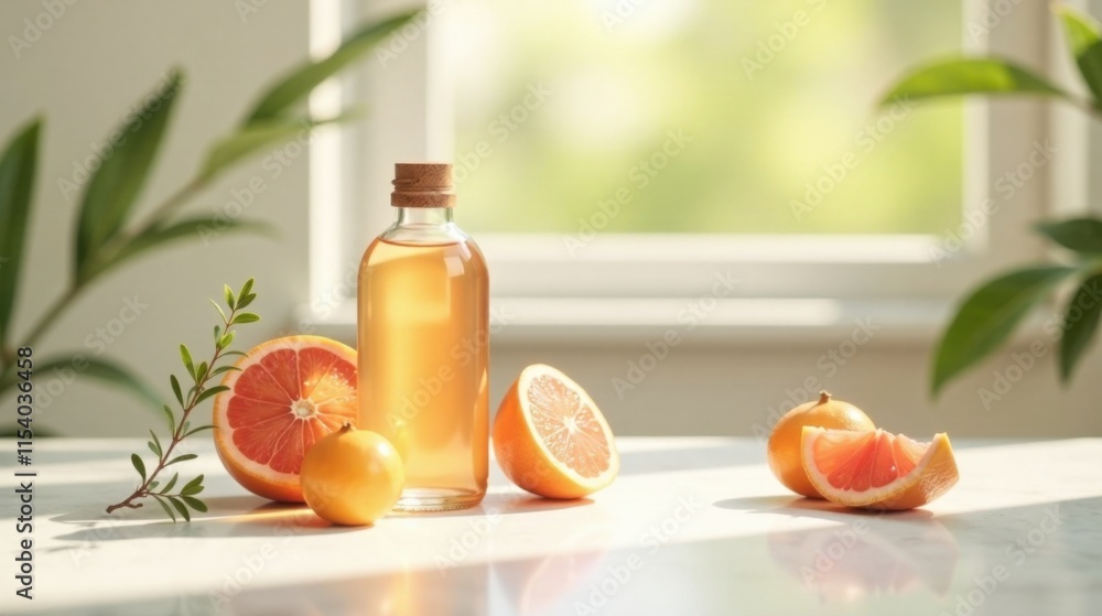 Sunlit Citrus Essence in Glass Bottle with Fresh Fruit Slices on a Bright Table Sunlit Citrus Essence in Glass Bottle with Fresh Fruit Slices on a Bright Table