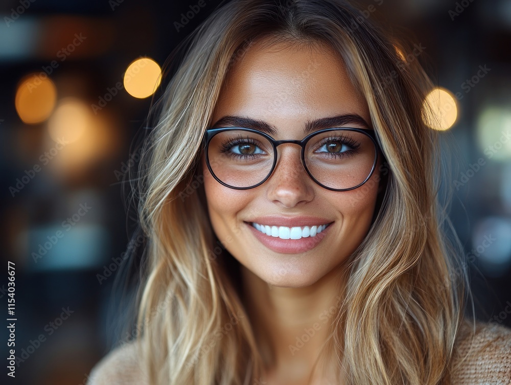 Young woman with glasses shares a warm smile, enjoying a cheerful moment in a cozy setting Young woman with glasses shares a warm smile, enjoying a cheerful moment in a cozy setting