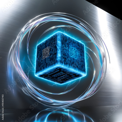  Silver metallic background with a levitating cube
symbolizing futuristic AI communication
 photo