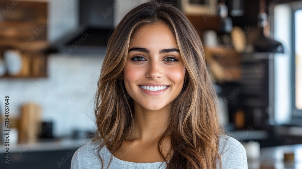 Young woman with long hair smiles brightly in a stylish kitchen, enjoying a relaxed moment at home Young woman with long hair smiles brightly in a stylish kitchen, enjoying a relaxed moment at home