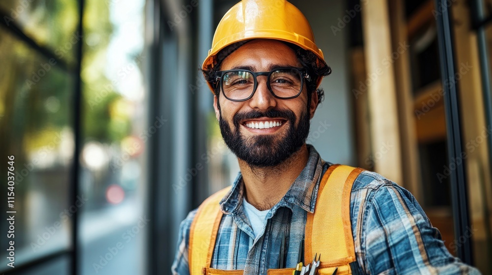 A cheerful construction worker poses for a photo at a city construction site on a bright day A cheerful construction worker poses for a photo at a city construction site on a bright day