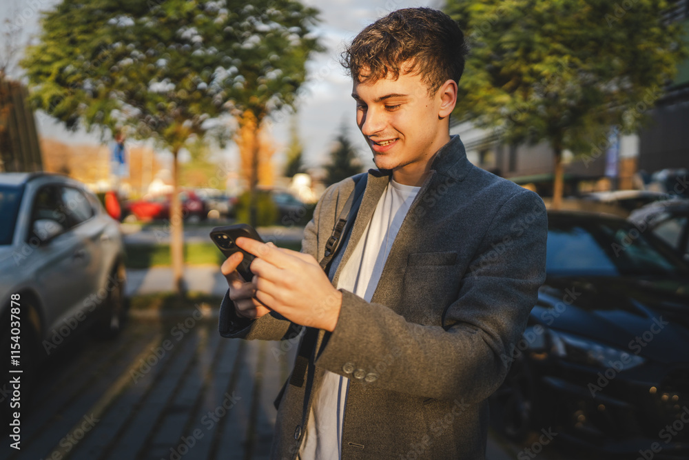 young man use mobile phone in the parking lot young man use mobile phone in the parking lot