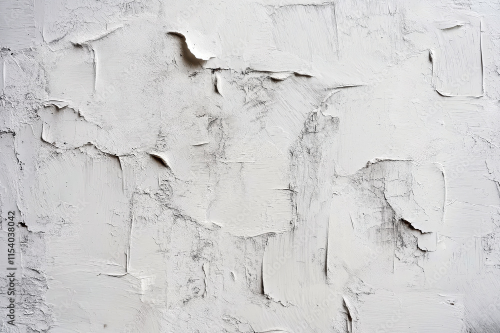 Obraz premium Close-up of a textured white plaster wall with uneven patterns and cracks, representing renovation, construction, and interior design concepts.