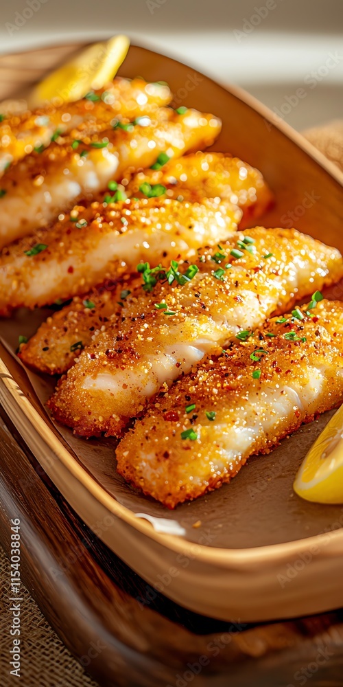 Deliciously fried fish fillets on a wooden plate, garnished with herbs and lemon.
