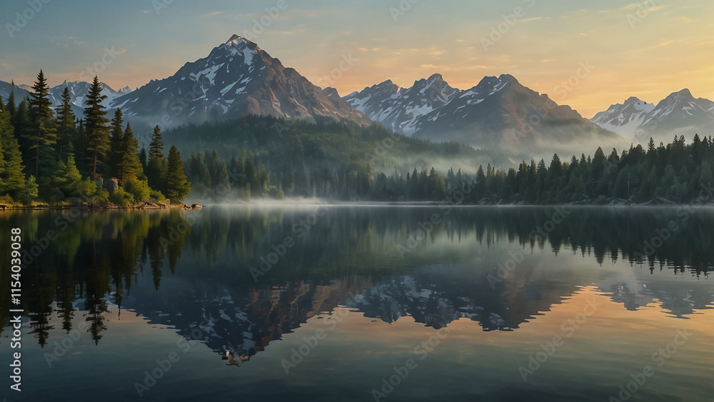 Serene nature landscape of a misty lake reflecting towering mountains at dawn. Perfect nature background highlighting tranquility and pristine Serene nature landscape of a misty lake reflecting towering mountains at dawn. Perfect nature background highlighting tranquility and pristine