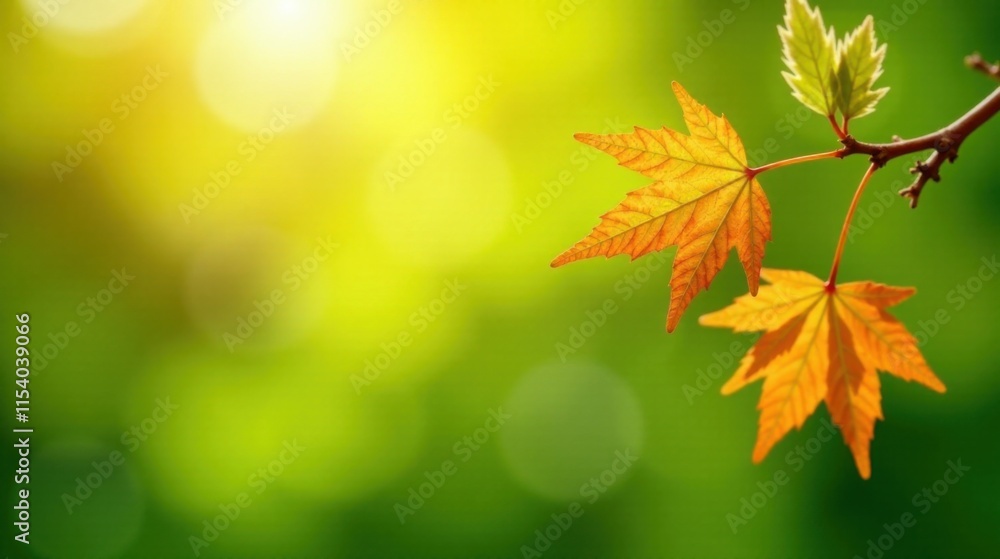 Golden Autumn Leaves Bask in Sunlight's Embrace on a Vibrant Green Background Golden Autumn Leaves Bask in Sunlight's Embrace on a Vibrant Green Background