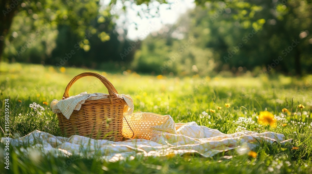 A well-organized picnic setup with a neatly packed basket and blanket, A picturesque park with soft grass and scattered wildflowers, Minimalist leisure style A well-organized picnic setup with a neatly packed basket and blanket, A picturesque park with soft grass and scattered wildflowers, Minimalist leisure style