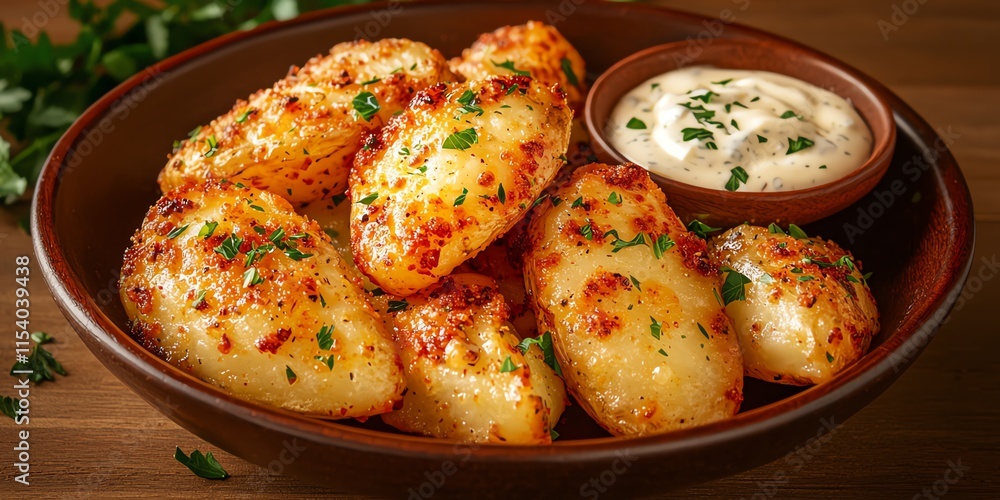 Golden, crispy potato skins served with a creamy dipping sauce on a wooden table.