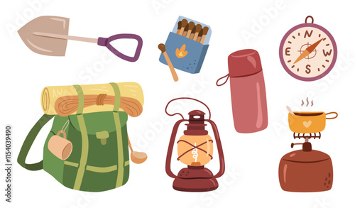 Camping portable instruments. Vector shovel, matches in box and gaslamp, stove and compass, thermos and hiking backpack with sleeping mat, rope and cup. Traveling and hiking accessories
