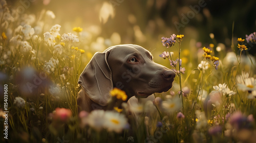 Weimaraner dog in a field with wild flowers during springtime.