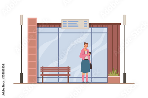 Female personage waiting by entrance of bus terminal, station or transport stop. Vector exterior of construction for passengers. Facade with timetable, bench for sitting and houseplants decor