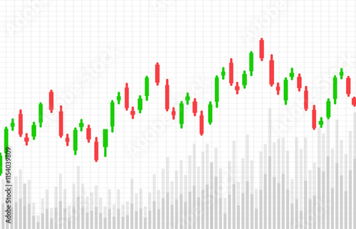 A financial up trend chart illustration on a white grid background, featuring red and green candlestick patterns representing market trends. Below is a grayscale bar graph indicator