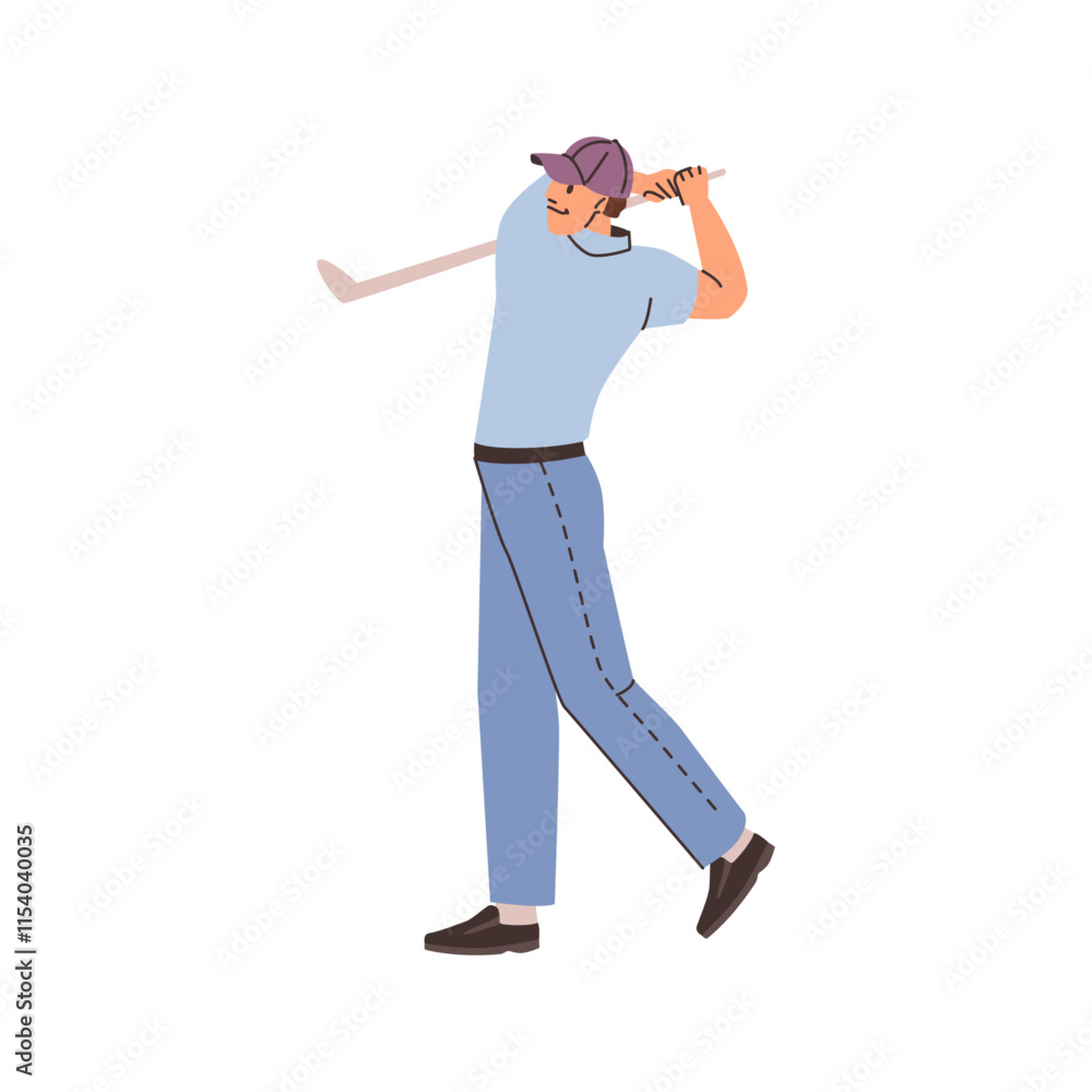 Sports and hobby, leisure activities and active lifestyle. Vector isolated man playing golf, wearing uniform and swinging club. Sportive match or challenge for players and professionals Sports and hobby, leisure activities and active lifestyle. Vector isolated man playing golf, wearing uniform and swinging club. Sportive match or challenge for players and professionals