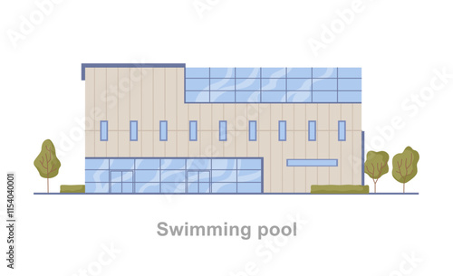 Swimming pool for water leisure activities. Vector flat cartoon style, isolated sports center for healthy lifestyle and wellbeing. Exterior of municipal building, city complex for citizens