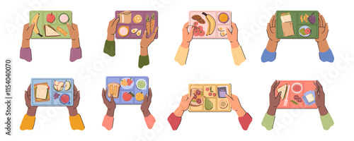 Children or adult hands holding up lunch boxes with healthy food nutrition in educational institutions or office. Vector healthy and nutritious food. Sandwiches with fruits and vegetables