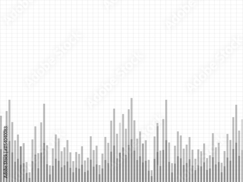 A minimalist grayscale bar graph pattern on a white grid background. The vertical bars vary in height, forming an abstract representation of data or sound waves.