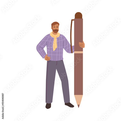 Bearded man copywriter or author holding big pen, office worker ready to answer on questionnaire, businessman going to draw arts. Vector cartoon character, draftsman or screenwriter