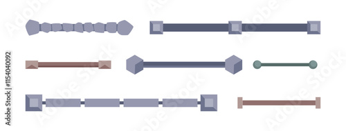 Architectural elements, top view of metal and stone fences. Vector collection for landscaping and architectural design, plans or maps. Security, privacy and boundary making and decorative purposes