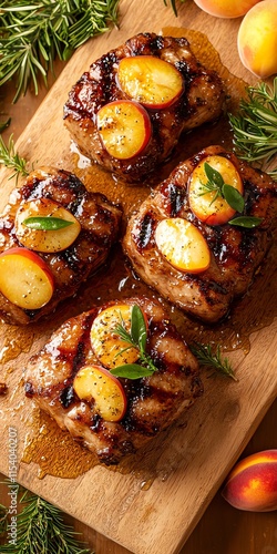 Grilled pork chops topped with peaches and herbs on a wooden board.