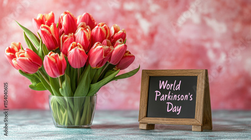 Red tulips on bright background, next to the sign 