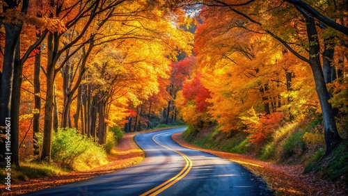 Sunlit autumn clearing, a country road, bathed in amber light.