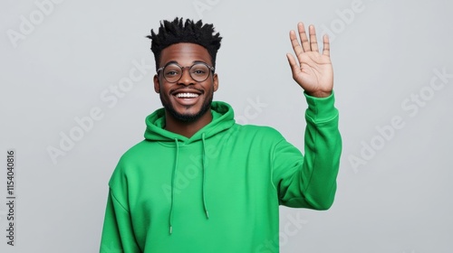 A smiling man with glasses and an afro hairstyle waves with his right hand, wearing a bright green hoodie, against a plain background