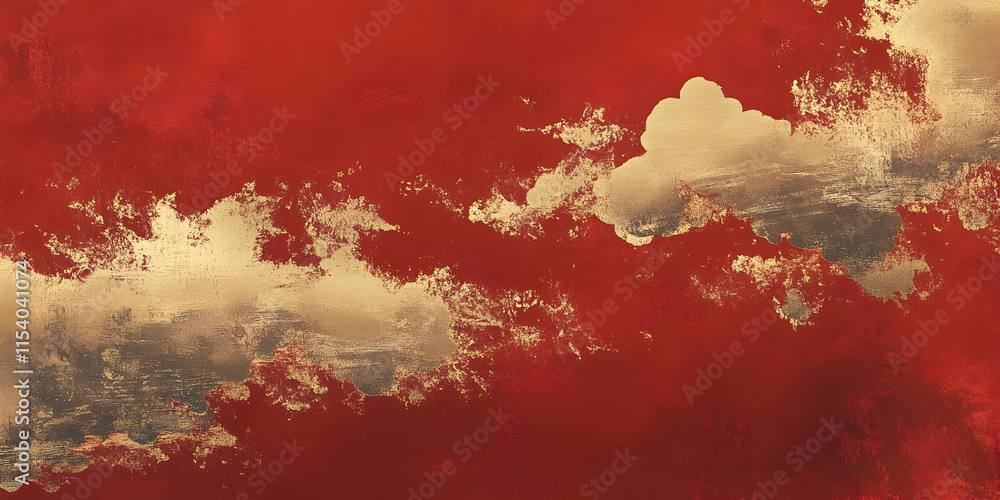 Fototapeta premium Red Sky, Golden Clouds: Abstract artwork featuring a bold red background with flowing, textured golden clouds, evoking a sense of dynamism and ethereal beauty.