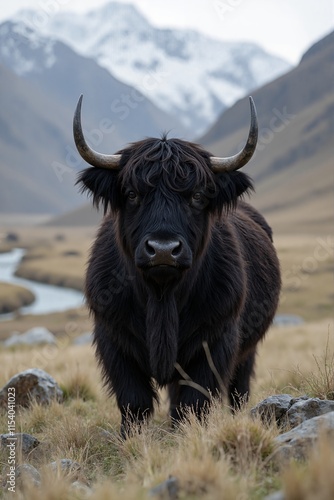  A black yak standing in a vast, windswept grassland