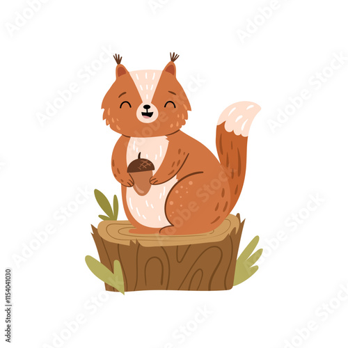 Squirrel with nut on trunk, forest animal, funny kids book personage. Vector illustration of wild fluffy squirrel with foxy tail, forest habitat in flat cartoon style