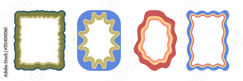 Retro wavy borders with curves and scallop edges. Vector set of flat empty frames with copy space. Vintage banners for social media. Posters geometric shape of circle and elongated rectangle