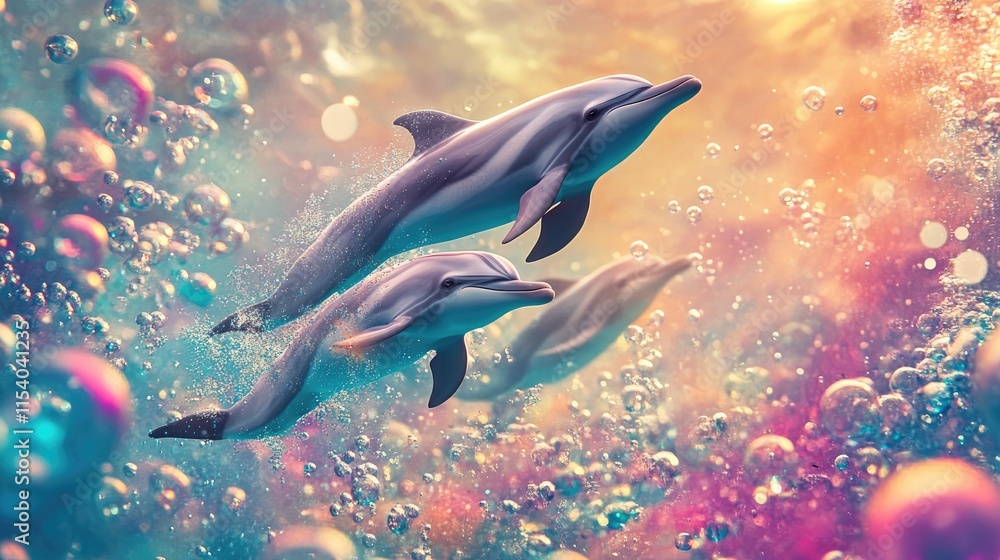 Fototapeta premium Two Dolphins Swimming in Sparkling Ocean Water