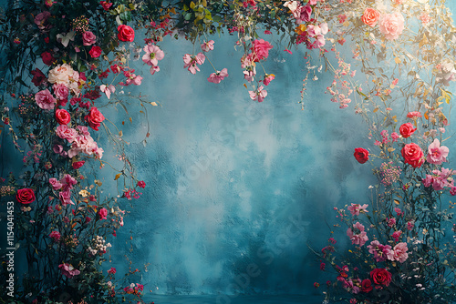 Elegant wedding arch, romantic atmosphere, photography background with delicate red flowers and vintage