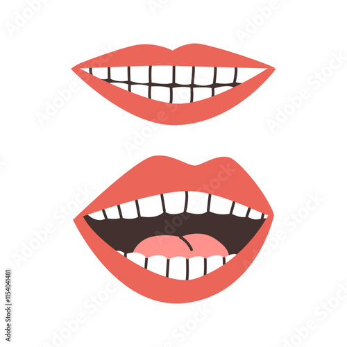 Clean teeth and healthy smile of patient. Vector isolated set of mouth positions. Dental care and treatment, clinic or hospital help for people with tooth cavities. Stomatology and hygiene