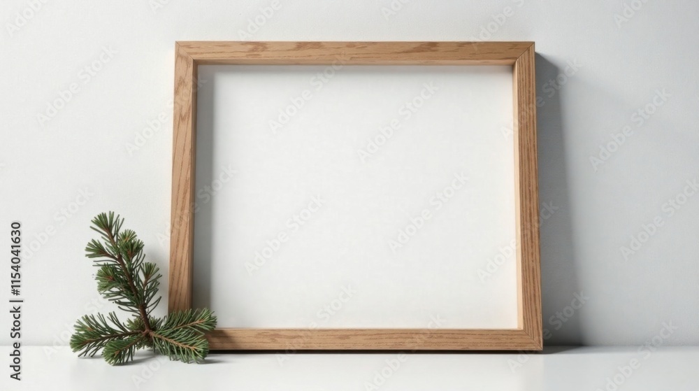 A Simple Wooden Frame with a Sprig of Evergreen on a White Surface A Simple Wooden Frame with a Sprig of Evergreen on a White Surface