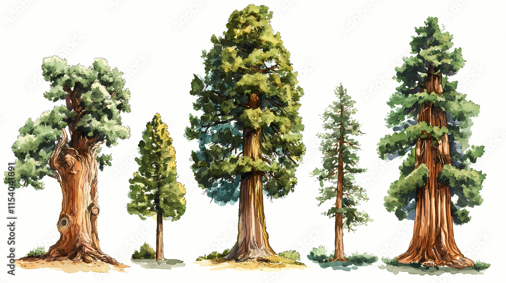 Fototapeta premium Sequoia trees five different pic. Sequoia. Illustration