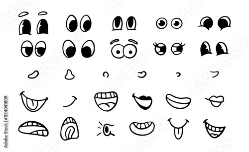 Hand drawn colorless doodle character facial parts and faces. Vector isolated mouths with smile and sticking out tongue, screaming and whistling. Eyes with eyelashes and brows, noses and mimics