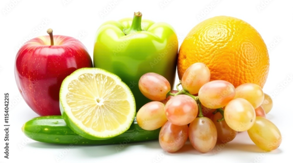 A vibrant collection of fresh produce, showcasing a ripe red apple, a juicy orange, a crisp green bell pepper, a zesty lime, a bunch of sweet grapes, and a slender cucumber. A vibrant collection of fresh produce, showcasing a ripe red apple, a juicy orange, a crisp green bell pepper, a zesty lime, a bunch of sweet grapes, and a slender cucumber.