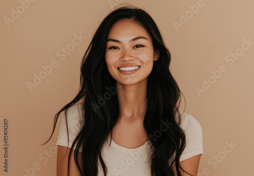 A young Asian woman with long, flowing black hair smiles warmly at the camera against a neutral beige backdrop. She wears a simple creamcolored shirt. The image evokes a feeling of natural beauty and 