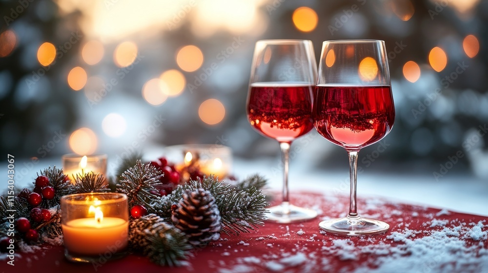 Festive table setting with red wine and candlelight Festive table setting with red wine and candlelight